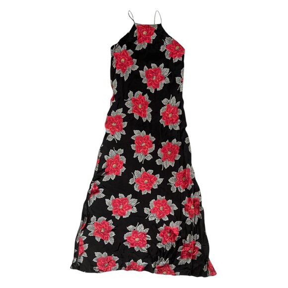 Vintage Floral Maxi Slip Dress Black Red Size 4‎ Y2K Vampire Romantic Bias Cut - Picture 2 of 6